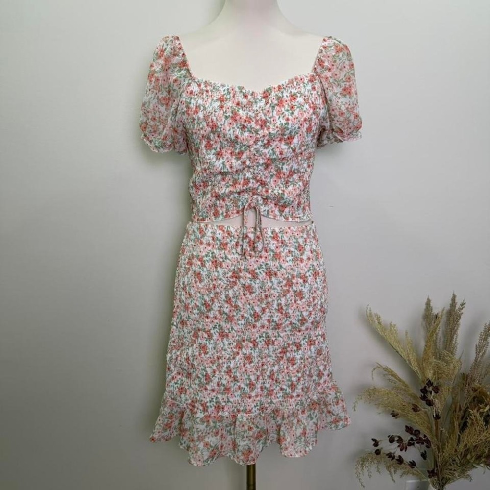 Cottagecore Size XXL Pink Floral Smocked Two-Piece Top & Skirt Set